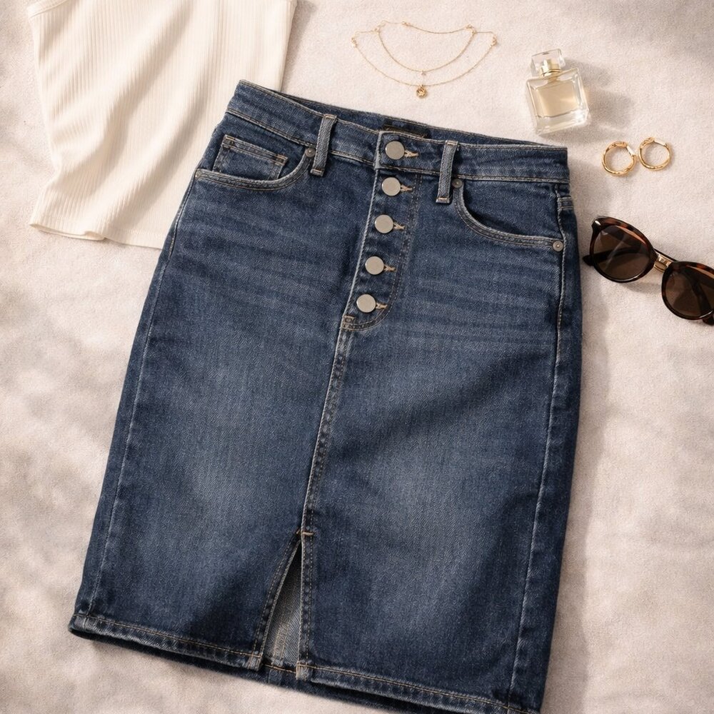 Dark Wash Denim Midi Skirt High Rise Button Fly Pencil Skirt Slit Waist 26
